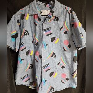 Men's Button Up Shirt with Colorful Geometric Patterns and Glitter Buttons